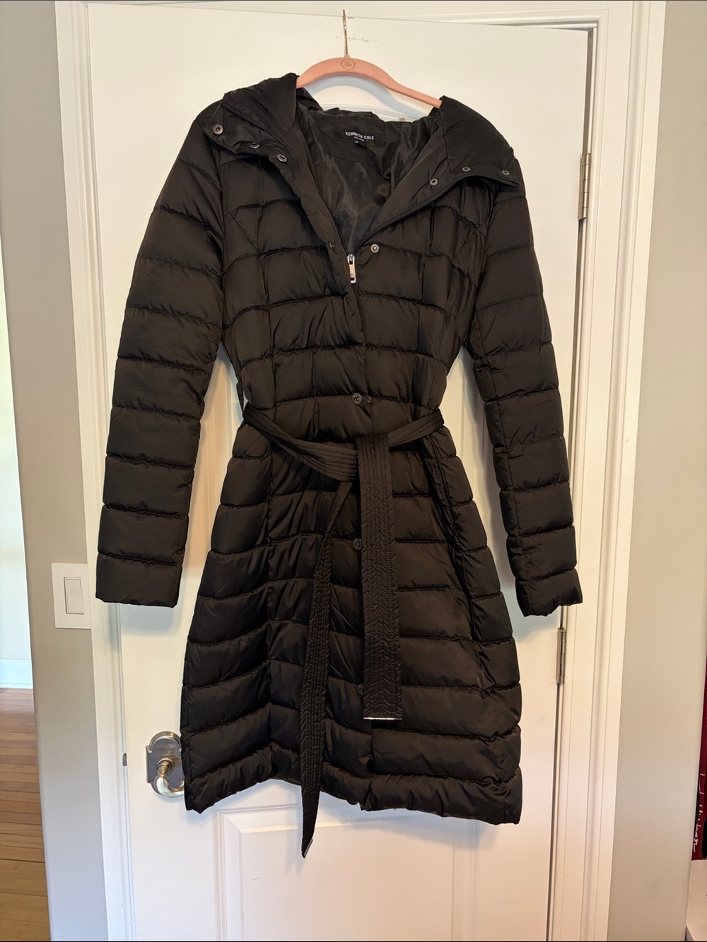 Kenneth Cole Black Quilted Belted Hooded Puffer Coat